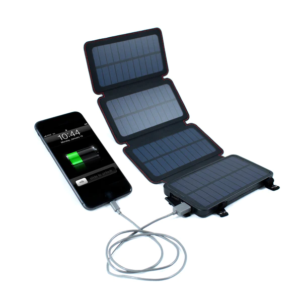 The QuadraPro Solar Power Bank, designed by Frog & Co., is a cutting-edge solar charger that conveniently features a phone attachment for seamless charging on the go.