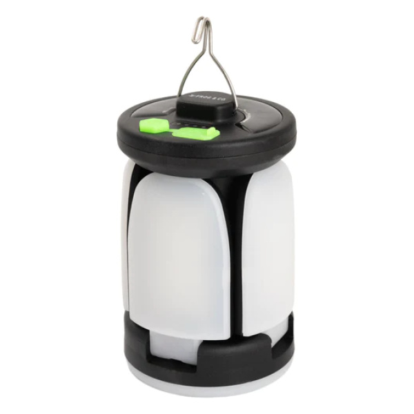 The Frog & Co. QuadPod Camping Lantern is a sleek black and white lantern with a vibrant green handle. SHIPS IN 1-2 WEEKS.