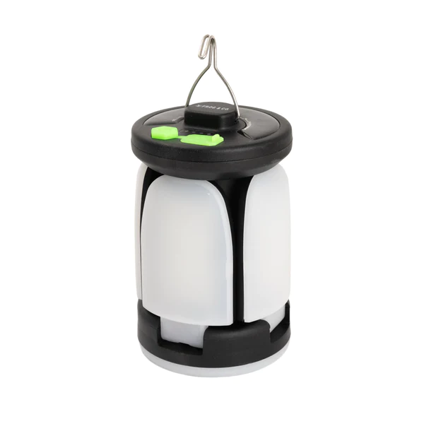 The Frog & Co. QuadPod Camping Lantern is a sleek black and white lantern with a vibrant green handle. SHIPS IN 1-2 WEEKS.
