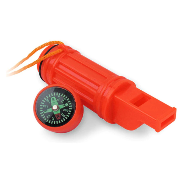 The Frog & Co red whistle with a compass attached to it is a versatile 5-in-1 Orange Whistle that will ship in 1-2 weeks.