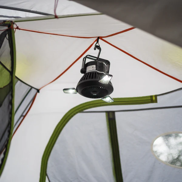 The inside of a tent with a Solar Camping Fan & Light from Frog & Co.