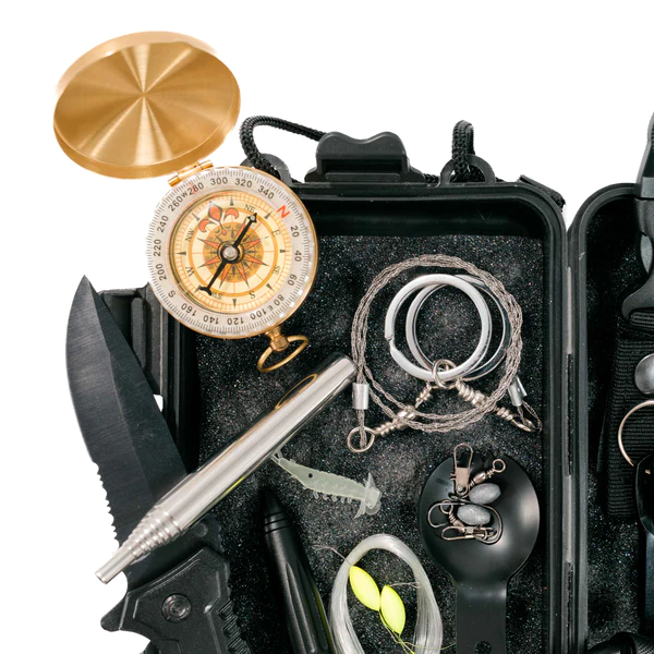 A black case containing the Frog & Co. EDC Survival Bundle, which includes a compass and other items.