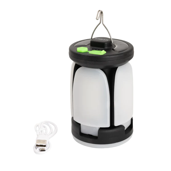 The QuadPod Camping Lantern by Frog & Co. is a versatile black and white lantern that not only provides reliable light in outdoor settings but also comes with the added convenience of a built-in USB