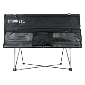 A black foldable camping table with the words Frog & Co. on it.