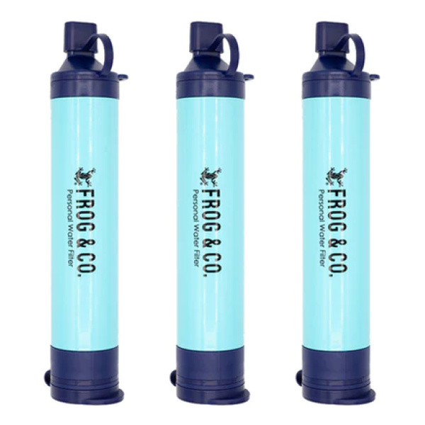 Three blue Frog & Co. plastic bottles on a white background.