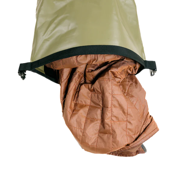 A Frog & Co. sleeping bag with a brown and green lining.