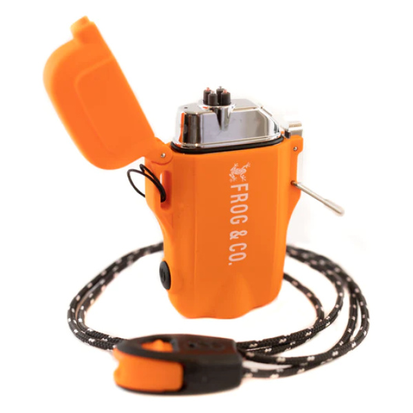 An orange Tough Tesla Lighter 2.0 with a cord attached to it.