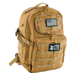 A tan backpack with an American flag on it, available from Frog & Co.