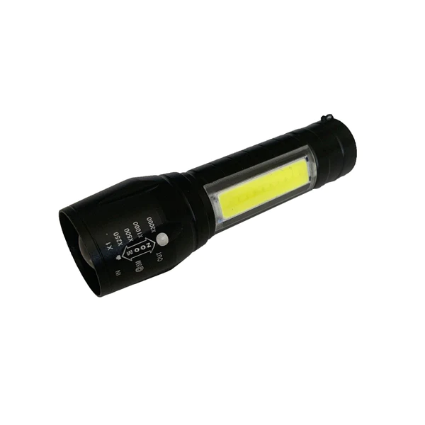 A Mini Rechargeable Tact flashlight from Frog & Co. with a yellow light on a white background.
