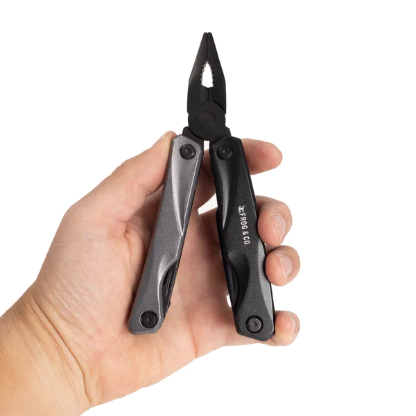 A person holding a pair of pliers from Frog & Co. multi-tool knife.