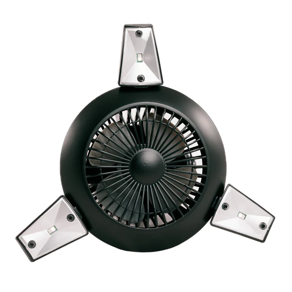A solar camping fan from Frog & Co with a light feature, consisting of three blades, on a white background.