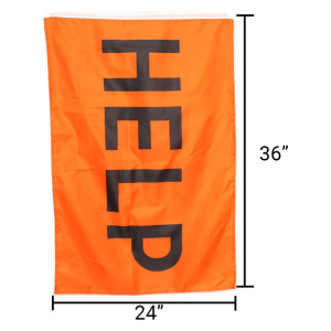 An orange Flag Signal with the word Emergency Help on it.