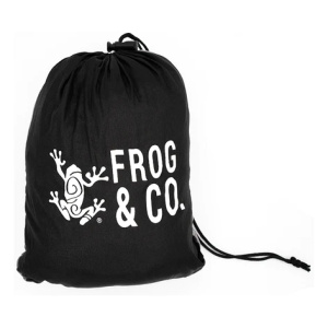 A drawstring bag with the Frog & Co logo on it.