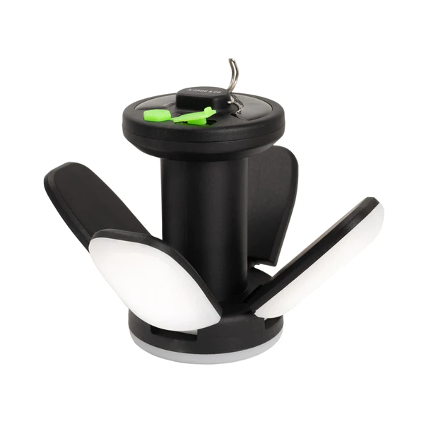 The Frog & Co QuadPod Camping Lantern is a black and green light holder on a white background. SHIPS IN 1-2 WEEKS.