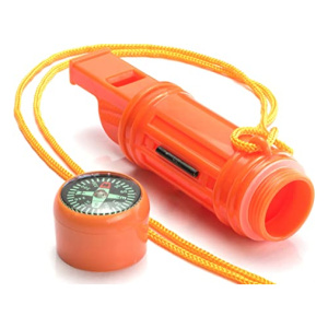 The 5-in-1 Orange Whistle by Frog & Co is a versatile tool with a compass attached. It is designed to ship in 1-2 weeks.