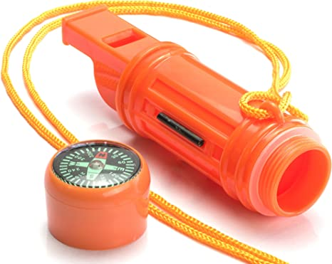 The 5-in-1 Orange Whistle by Frog & Co is a versatile tool with a compass attached. It is designed to ship in 1-2 weeks.