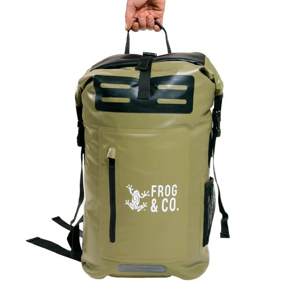 A waterproof backpack with the words frog & co on it.