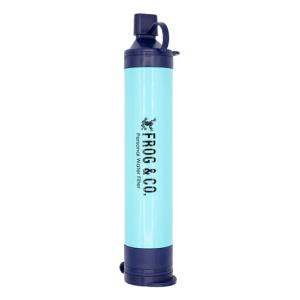 A blue water bottle with a blue lid from Frog & Co.