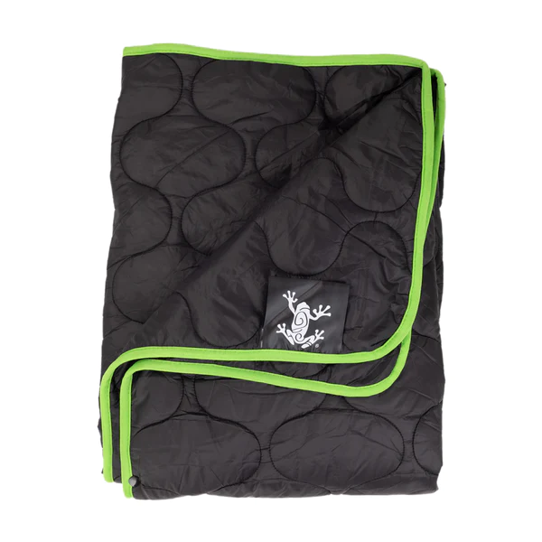 A black and green quilted blanket on a white background.