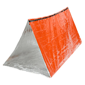 A Ready Shelter Tube Tent, in orange and silver, stands on a white background.