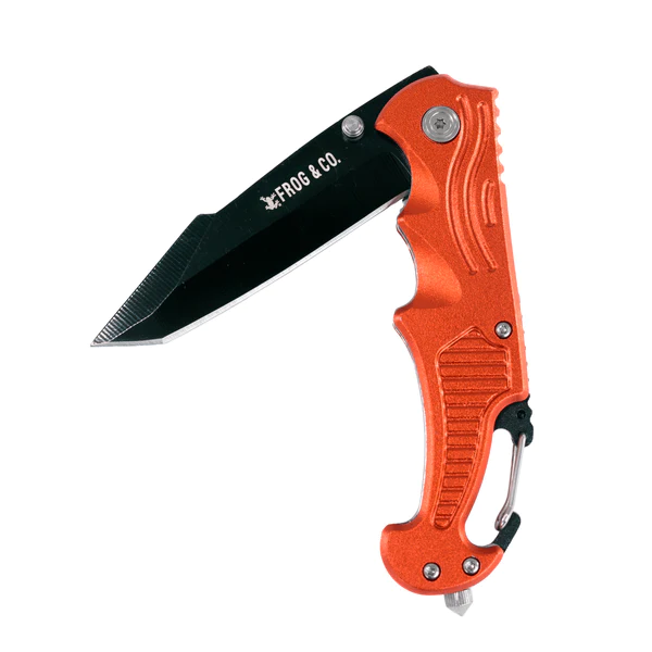 A red Survival Pocket Knife by Frog & Co. on a white background.