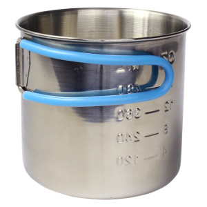 A stainless steel pot with a blue handle from Frog & Co.