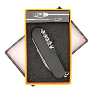 A Tesla Multi-Tool Lighter in a box with a black handle.