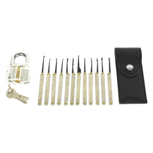 A set of Ultimate Access Lock Pick Set tools with a lock and key.