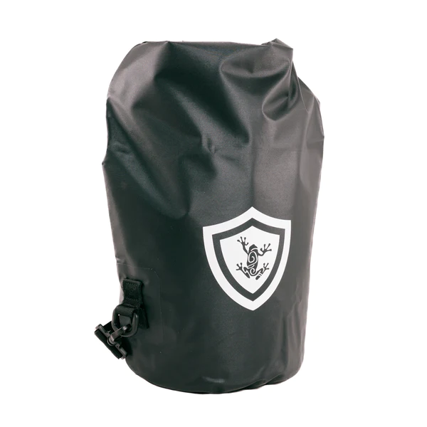 A Faraday EMP Dry Bag with a black backpack and a shield on it.