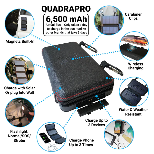 The QuadraPro 5000mah portable power bank, developed by Frog & Co., takes charging on the go to the next level. With its innovative solar technology, you can enjoy unlimited