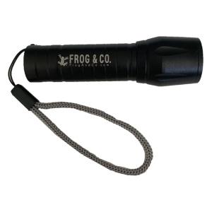 A Mini Rechargeable Tact Flashlight featuring the Frog & Co. logo on it.