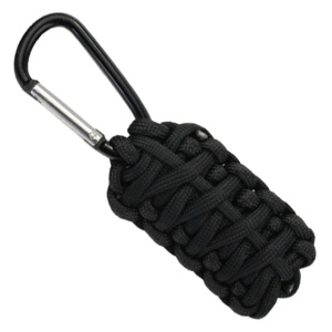 A black paracord carabiner by Frog & Co. on a white background.