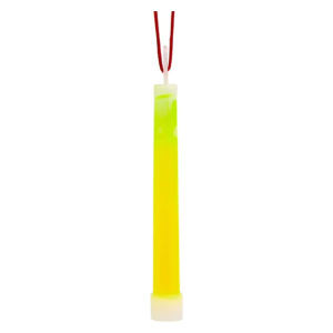 A yellow glow stick from Glo Light Sticks hanging from a string.