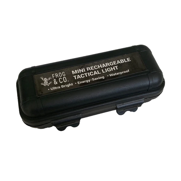 A black case with a black lid, Frog & Co.'s Mini Rechargeable Tact Flashlight.