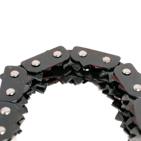 A black Frog & Co. chain with a number of bolts on it, including the Pocket Chainsaw.