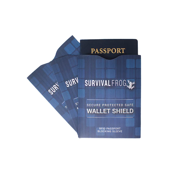 A Frog & Co wallet shield with SafeWallet RFID Shield technology, featuring a Passport Blocker for enhanced security.