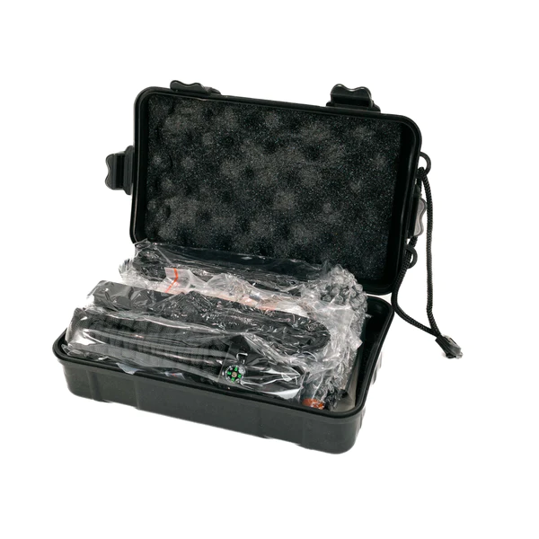 A black case with a lot of equipment in it, part of the EDC Survival Bundle by Frog & Co.