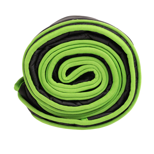 A green and black rolled towel by Frog & Co. on a white background.
