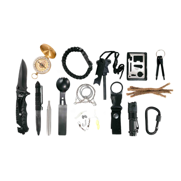 A black survival kit with a knife, Frog & Co.'s EDC Survival Bundle.