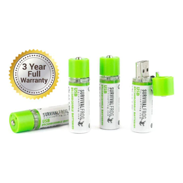 Three USB rechargeable batteries with a 3 year warranty.