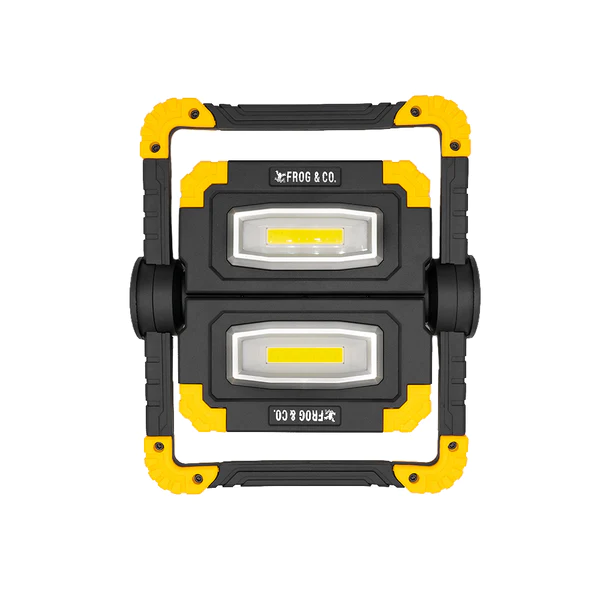 A 360 Degree Portable LED Worklight from Frog & Co featuring a yellow and black design, set against a white background.