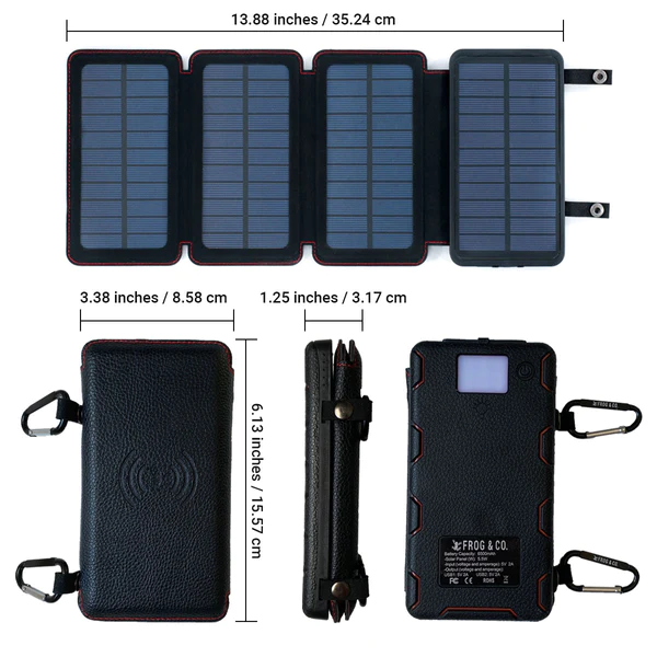 A QuadraPro Solar Power Bank with measurements and dimensions, available from Frog & Co. SHIPS IN 1-2 WEEKS.