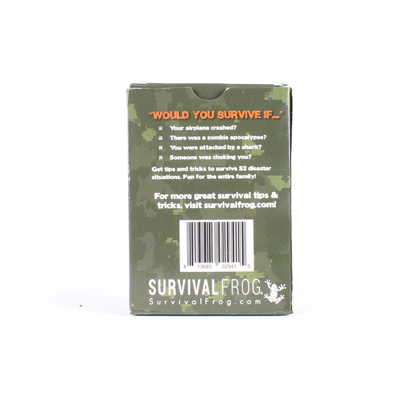A package of Survival Frog playing cards featuring survival tips on a white background.