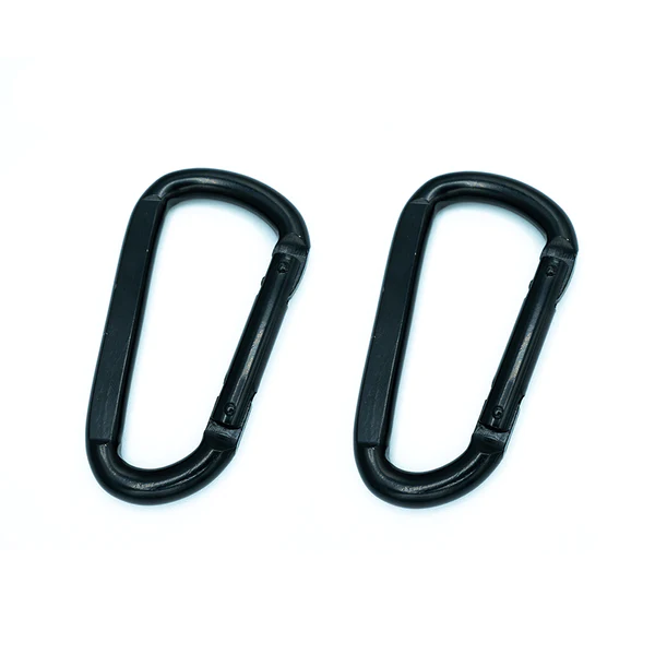 Two black carabiners from Frog & Co on a white background.