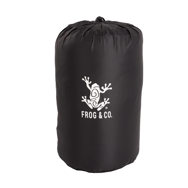 A black sleeping bag with the Frog & Co. logo on it.