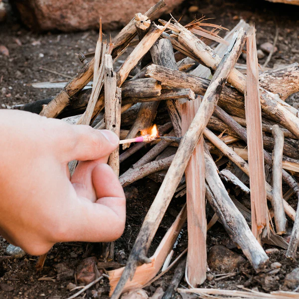 A person lighting a fire in a pile of sticks using safety matches and a waterproof case for weatherproof.
